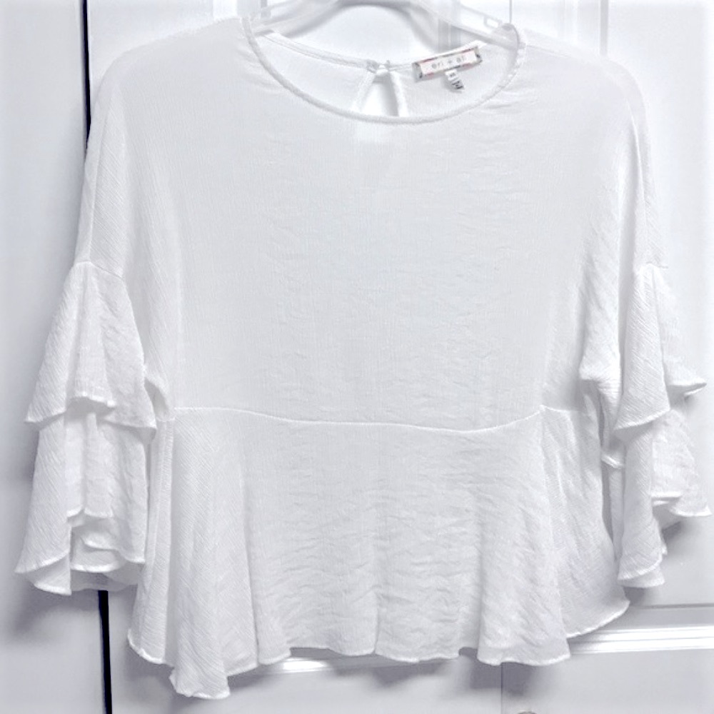eri + ali White Ruffle Sleeve Rayon Blend Over Sized Blouse Size XS